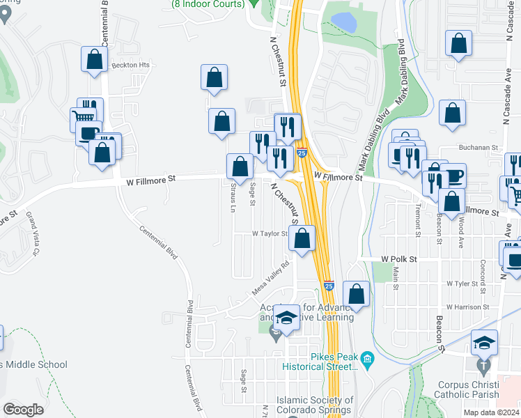 map of restaurants, bars, coffee shops, grocery stores, and more near 2925 Sage Street in Colorado Springs