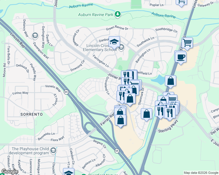 map of restaurants, bars, coffee shops, grocery stores, and more near 900 Sierra View Circle in Lincoln