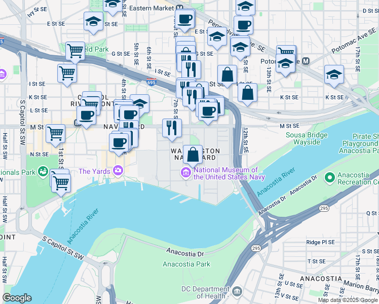 map of restaurants, bars, coffee shops, grocery stores, and more near 101 Independence Avenue Southeast in Washington