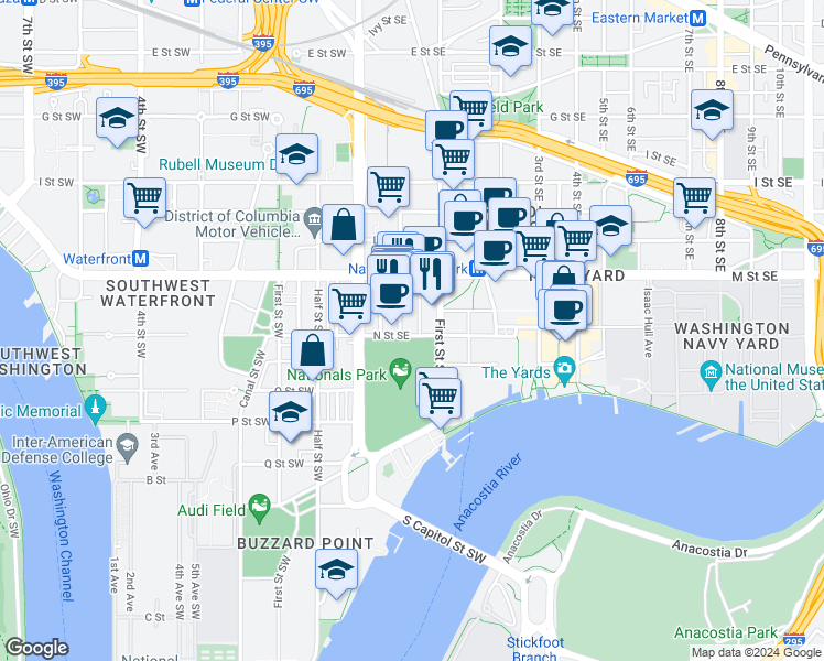 map of restaurants, bars, coffee shops, grocery stores, and more near 101 Independence Avenue Southeast in Washington