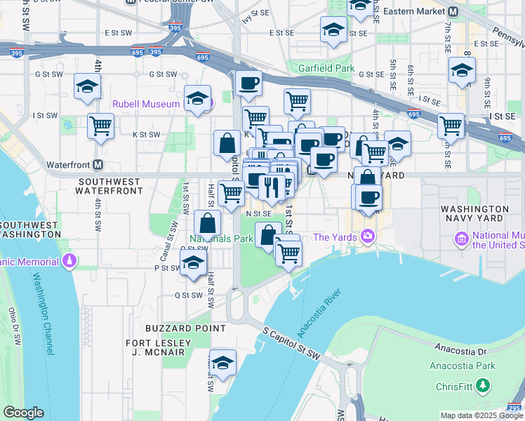 map of restaurants, bars, coffee shops, grocery stores, and more near 101 Independence Avenue Southeast in Washington