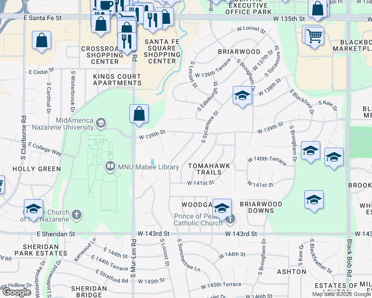 map of restaurants, bars, coffee shops, grocery stores, and more near 13909 South Summertree Lane in Olathe