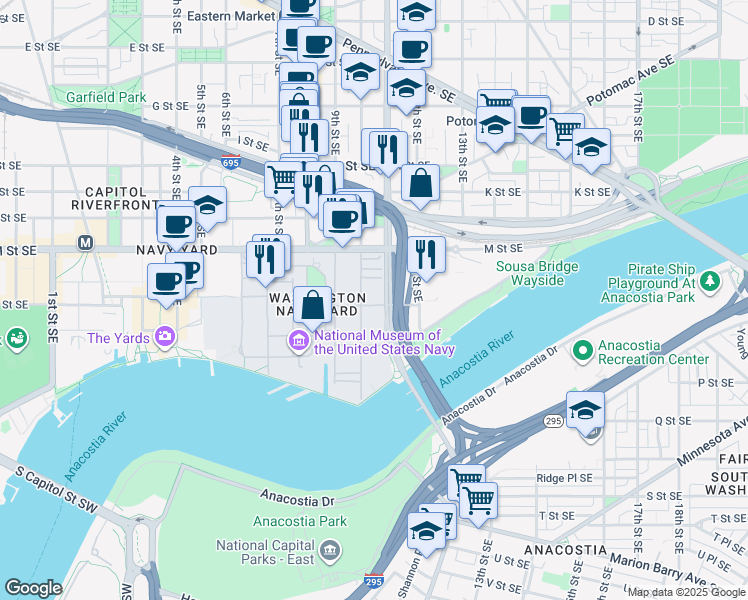 map of restaurants, bars, coffee shops, grocery stores, and more near 1014 N Street Southeast in Washington