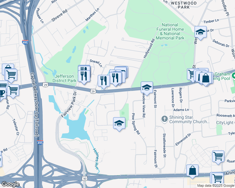 map of restaurants, bars, coffee shops, grocery stores, and more near 7613 Lee Highway in Falls Church