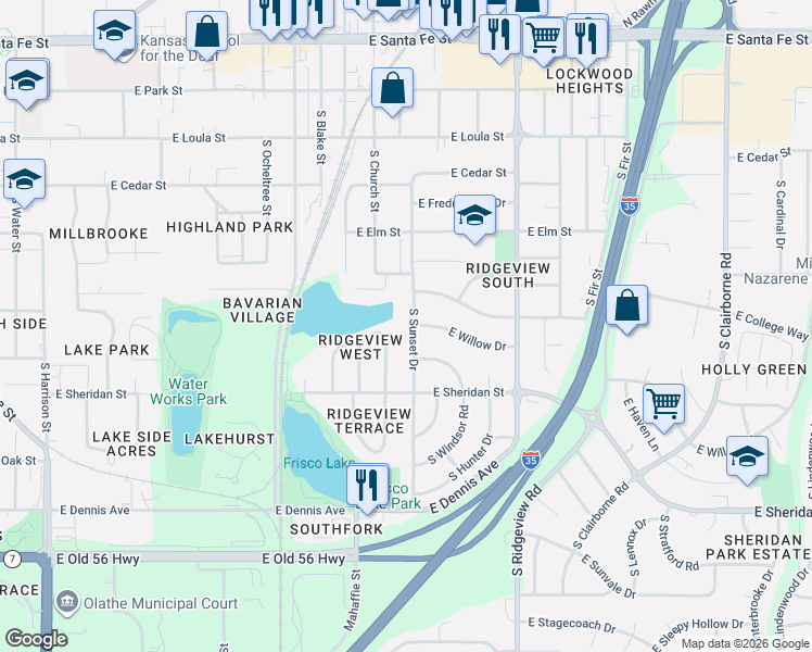 map of restaurants, bars, coffee shops, grocery stores, and more near 607 South Sunset Drive in Olathe
