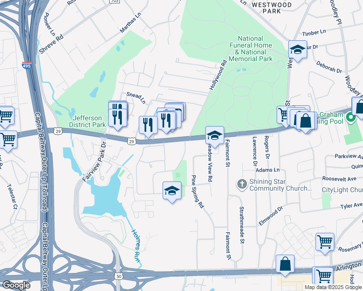 map of restaurants, bars, coffee shops, grocery stores, and more near 2840 Dover Lane in Falls Church
