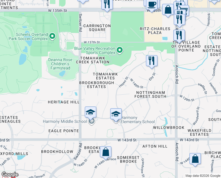 map of restaurants, bars, coffee shops, grocery stores, and more near 14018 Knox Street in Overland Park