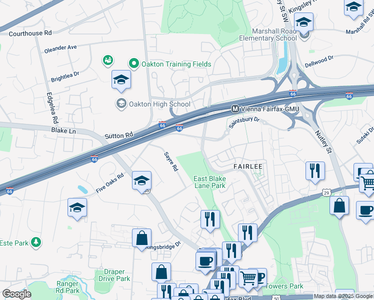 map of restaurants, bars, coffee shops, grocery stores, and more near 2905 Saintsbury Plaza in Fairfax