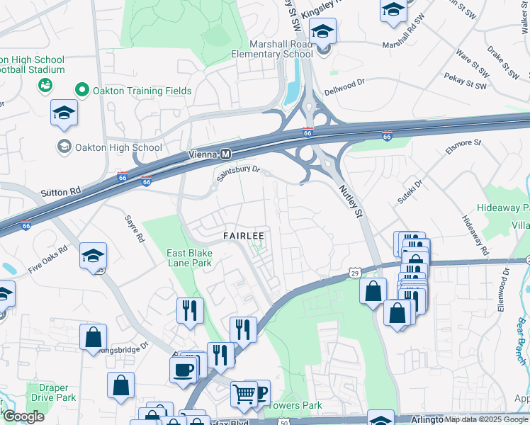 map of restaurants, bars, coffee shops, grocery stores, and more near Bleeker Street in Fairfax