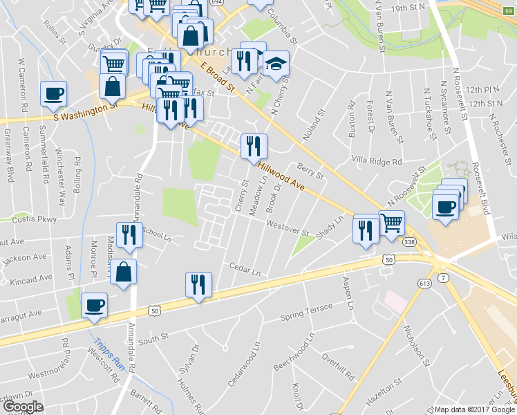 map of restaurants, bars, coffee shops, grocery stores, and more near 2837 Meadow Lane in Falls Church