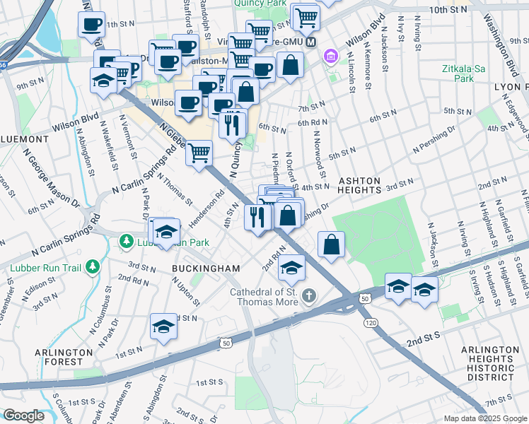 map of restaurants, bars, coffee shops, grocery stores, and more near 351 North Glebe Road in Arlington