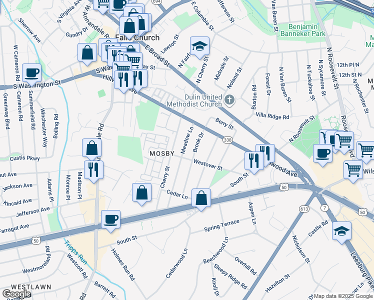 map of restaurants, bars, coffee shops, grocery stores, and more near 2837 Meadow Lane in Falls Church