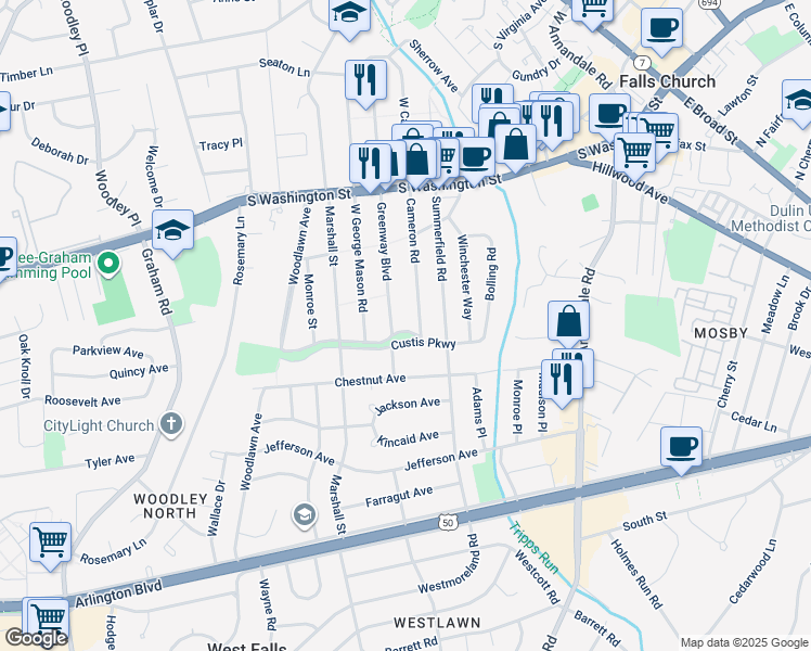 map of restaurants, bars, coffee shops, grocery stores, and more near 6830 Custis Parkway in Falls Church
