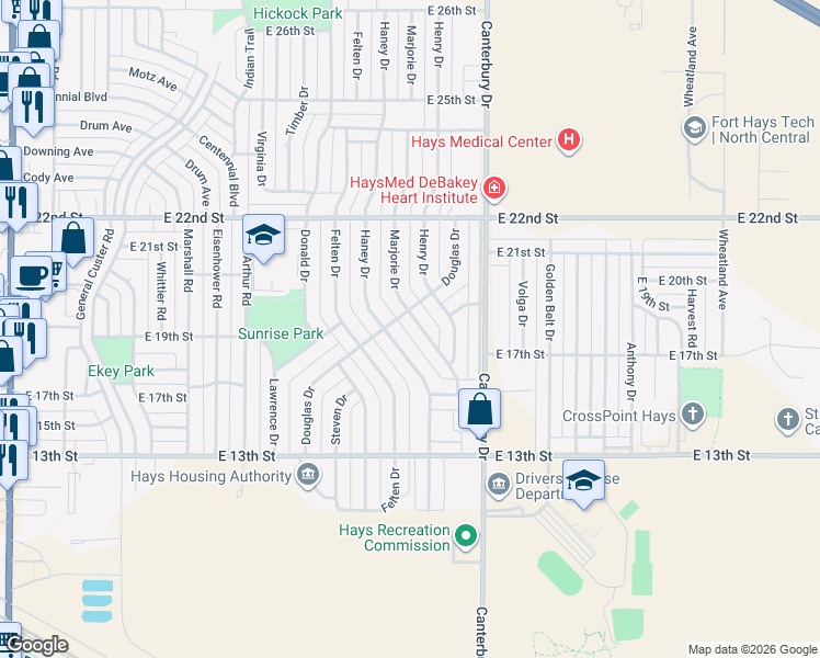 map of restaurants, bars, coffee shops, grocery stores, and more near 1700 Douglas Drive in Hays