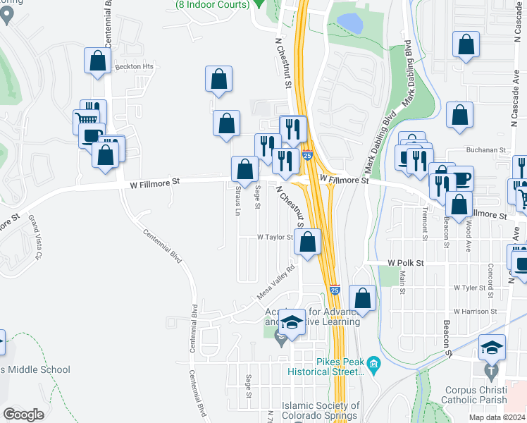 map of restaurants, bars, coffee shops, grocery stores, and more near 2915 Sage Street in Colorado Springs