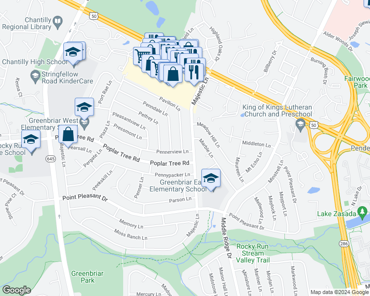 map of restaurants, bars, coffee shops, grocery stores, and more near 13100 Pavilion Lane in Fairfax