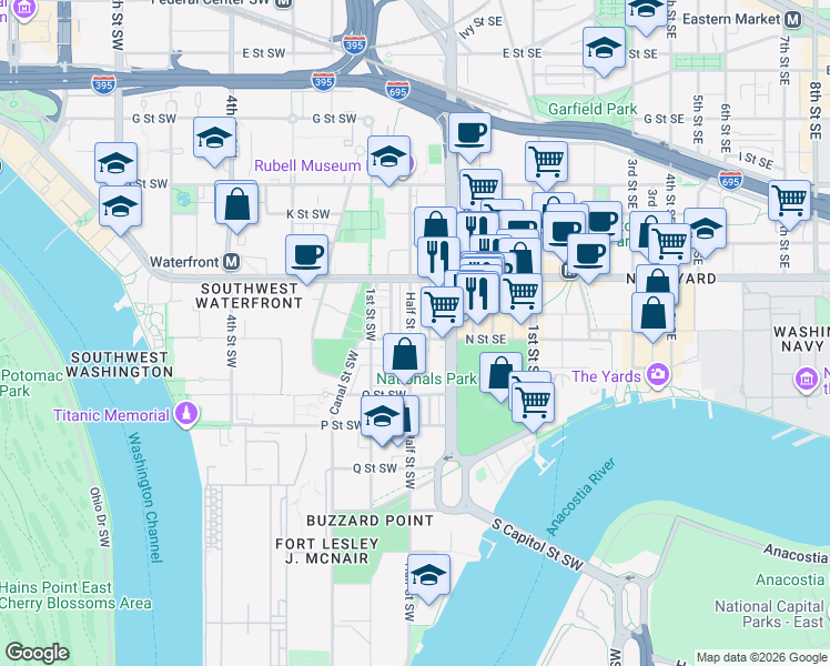 map of restaurants, bars, coffee shops, grocery stores, and more near 101 Independence Avenue Southeast in Washington