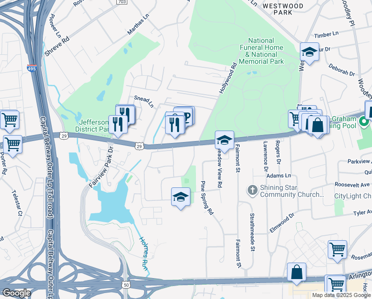 map of restaurants, bars, coffee shops, grocery stores, and more near 7600 Lee Highway in Falls Church