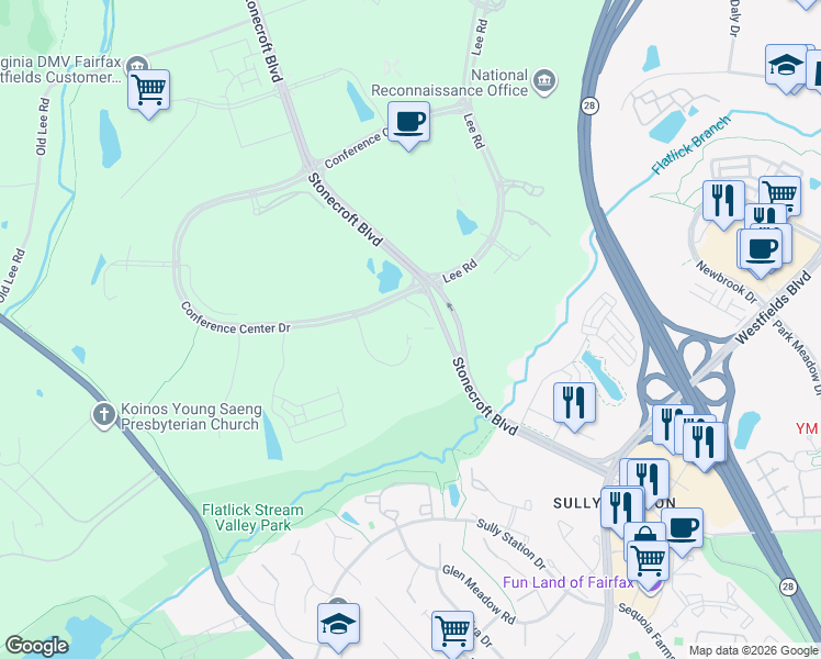 map of restaurants, bars, coffee shops, grocery stores, and more near 14750 Conference Center Drive in Chantilly