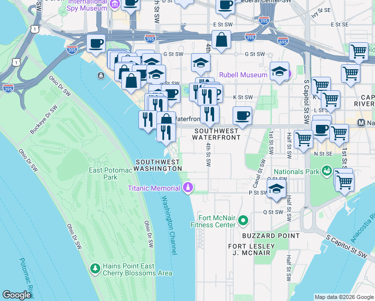 map of restaurants, bars, coffee shops, grocery stores, and more near 101 Independence Avenue Southeast in Washington