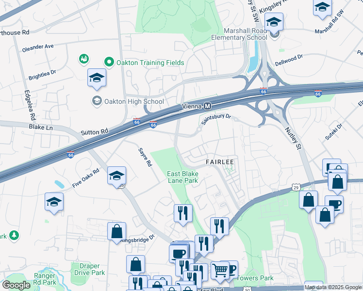 map of restaurants, bars, coffee shops, grocery stores, and more near 2960 Vaden Drive in Fairfax