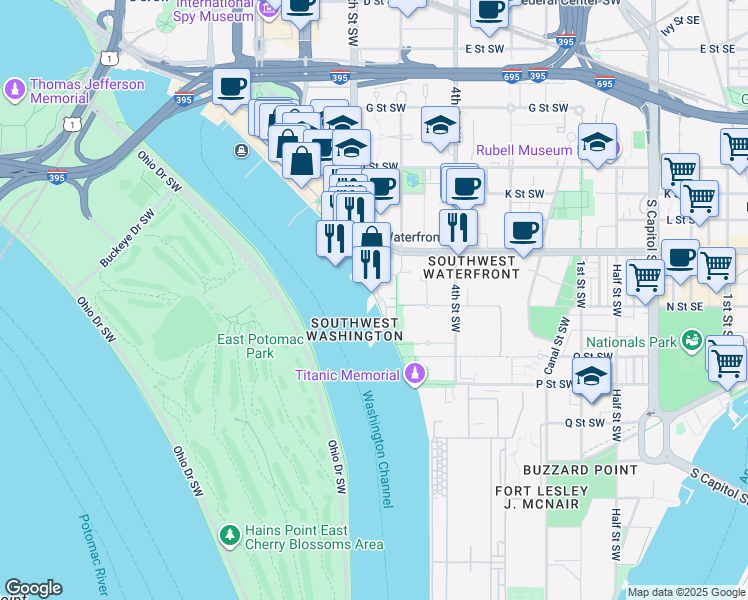 map of restaurants, bars, coffee shops, grocery stores, and more near 580 Water Street Southwest in Washington