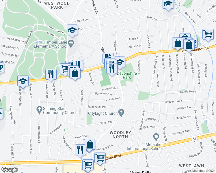 map of restaurants, bars, coffee shops, grocery stores, and more near 7136 Oakland Avenue in Falls Church