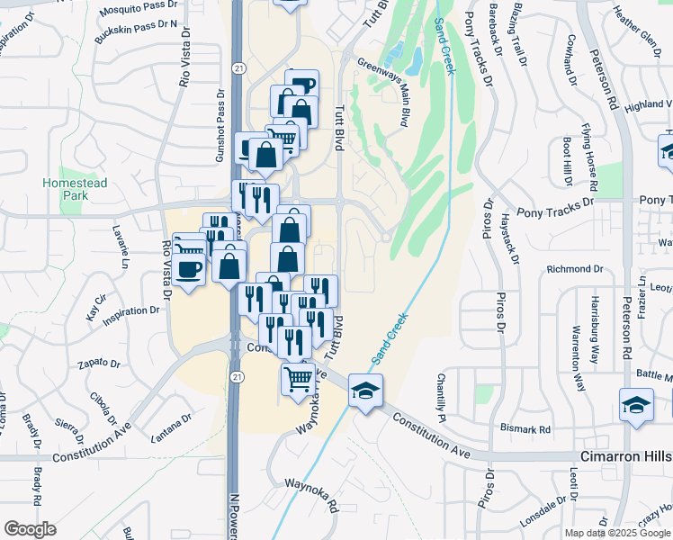 map of restaurants, bars, coffee shops, grocery stores, and more near 2960 Tutt Boulevard in Colorado Springs