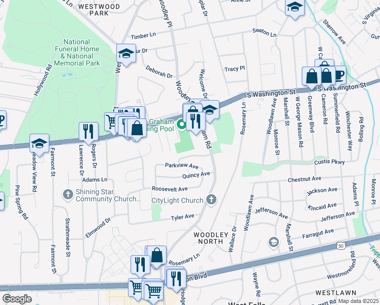 map of restaurants, bars, coffee shops, grocery stores, and more near 7136 Oakland Avenue in Falls Church