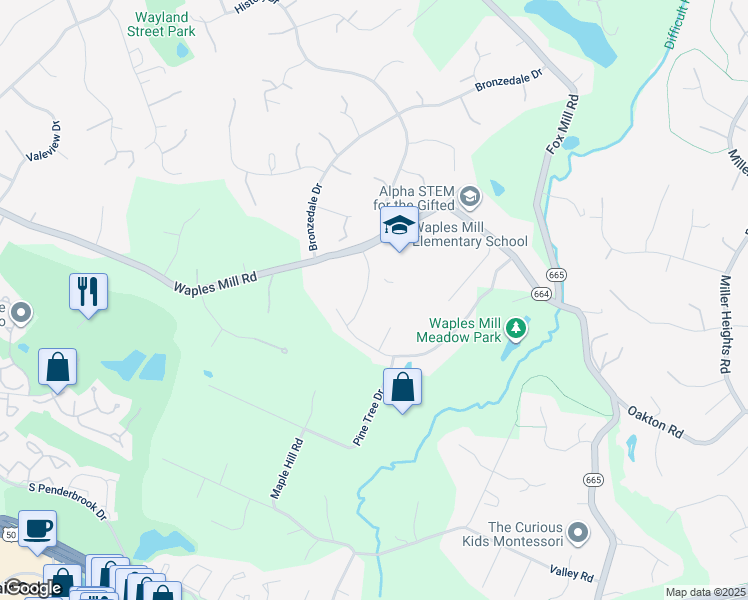 map of restaurants, bars, coffee shops, grocery stores, and more near 11625 Verna Drive in Oakton