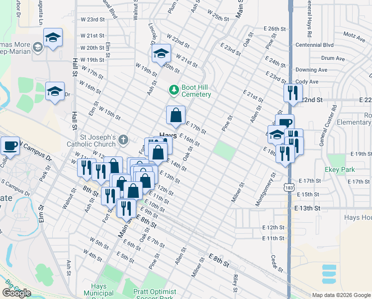 map of restaurants, bars, coffee shops, grocery stores, and more near 100-198 East 16th Street in Hays