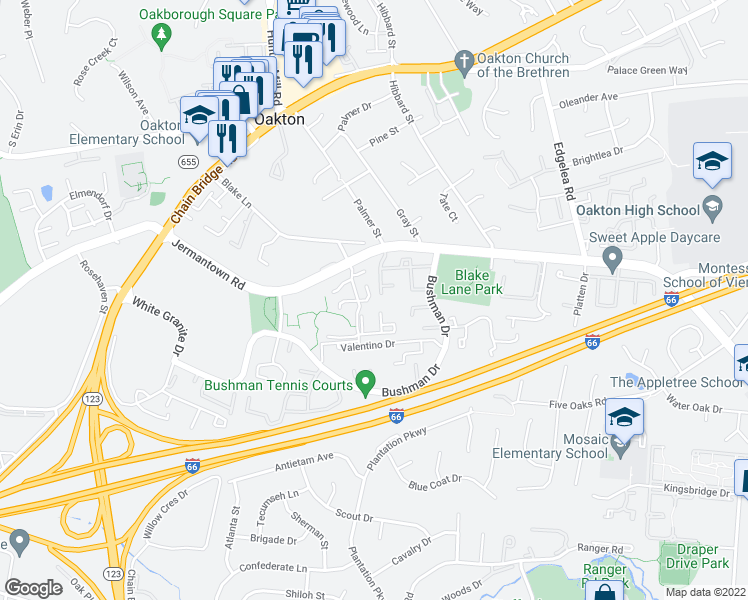 map of restaurants, bars, coffee shops, grocery stores, and more near 3128 Windwood Farms Drive in Oakton