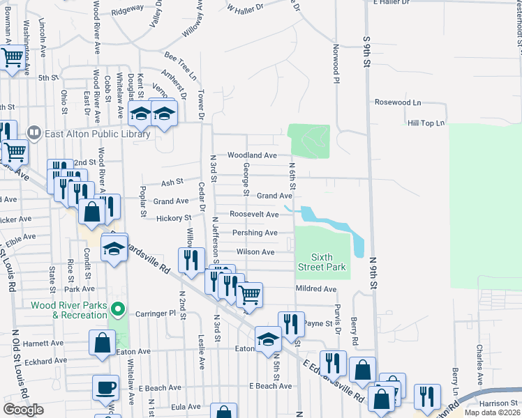 map of restaurants, bars, coffee shops, grocery stores, and more near 454 Grand Avenue in Wood River