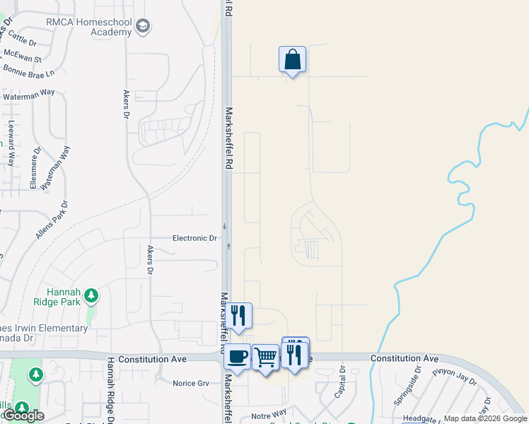 map of restaurants, bars, coffee shops, grocery stores, and more near 3022 Namib Drive in Colorado Springs