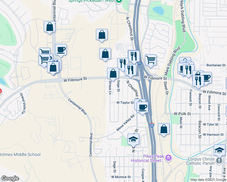 map of restaurants, bars, coffee shops, grocery stores, and more near 2925 Straus Lane in Colorado Springs