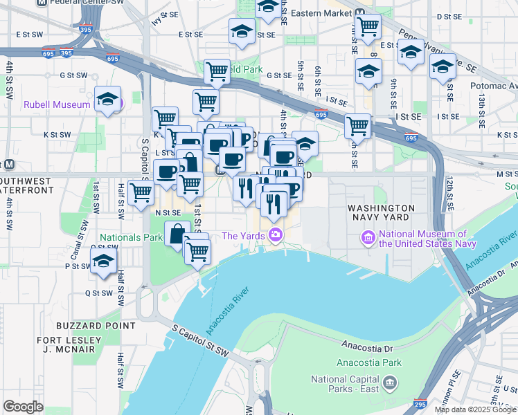 map of restaurants, bars, coffee shops, grocery stores, and more near 101 Independence Avenue Southeast in Washington
