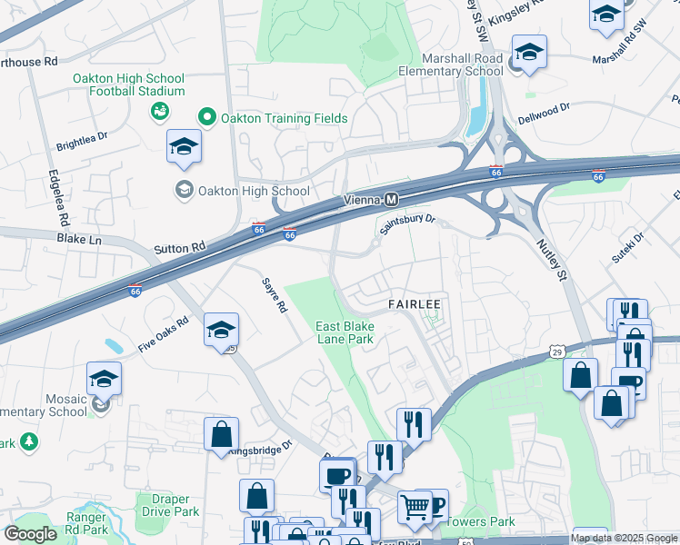 map of restaurants, bars, coffee shops, grocery stores, and more near 2960 Vaden Drive in Fairfax