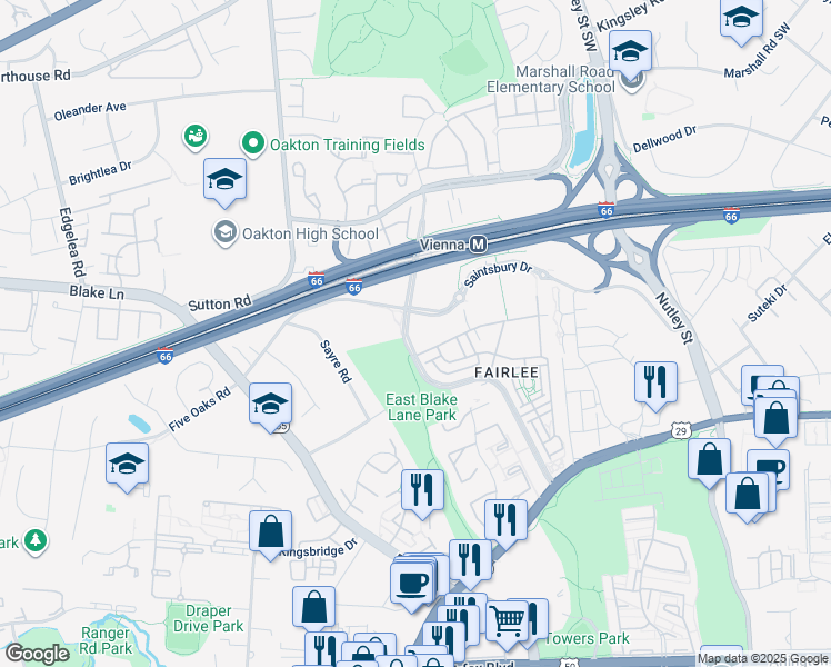 map of restaurants, bars, coffee shops, grocery stores, and more near 2960 Vaden Drive in Fairfax