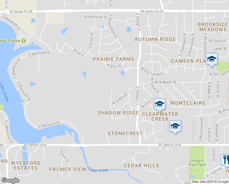 map of restaurants, bars, coffee shops, grocery stores, and more near 515 South Canyon Drive in Olathe