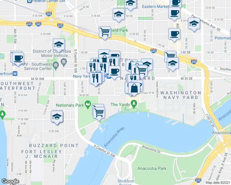 map of restaurants, bars, coffee shops, grocery stores, and more near New Jersey Ave SE & N St SE in Washington