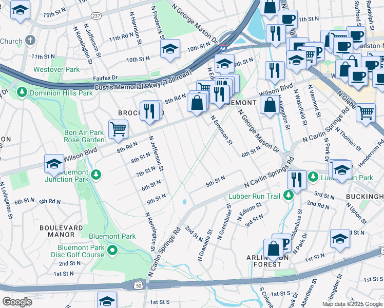 map of restaurants, bars, coffee shops, grocery stores, and more near 634 North Greenbrier Street in Arlington