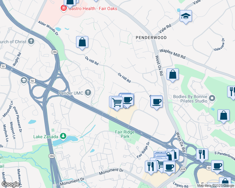 map of restaurants, bars, coffee shops, grocery stores, and more near 12378 Azure Lane in Fairfax