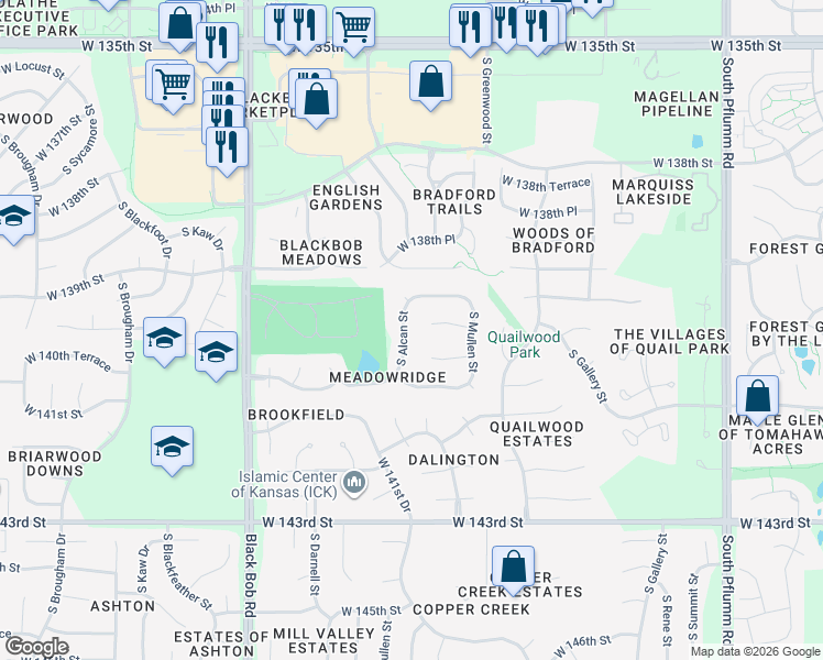 map of restaurants, bars, coffee shops, grocery stores, and more near 14052 South Alcan Street in Olathe