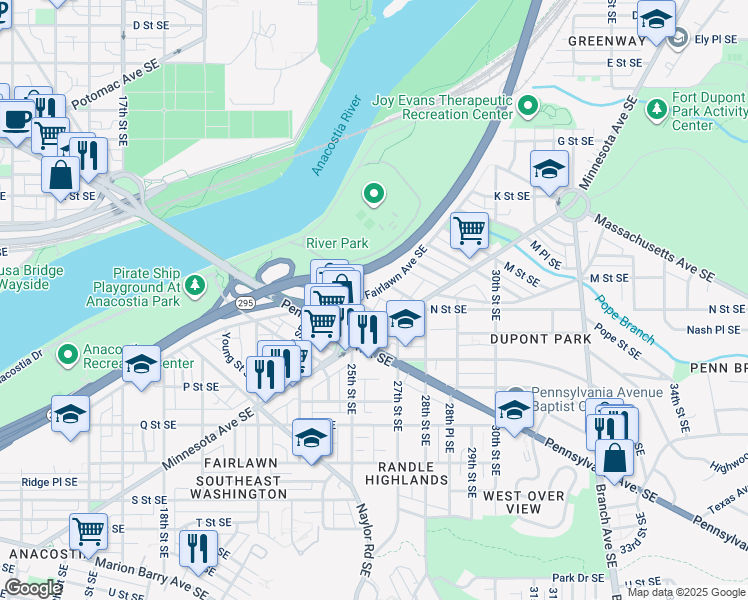 map of restaurants, bars, coffee shops, grocery stores, and more near 2515 Fairlawn Avenue Southeast in Washington