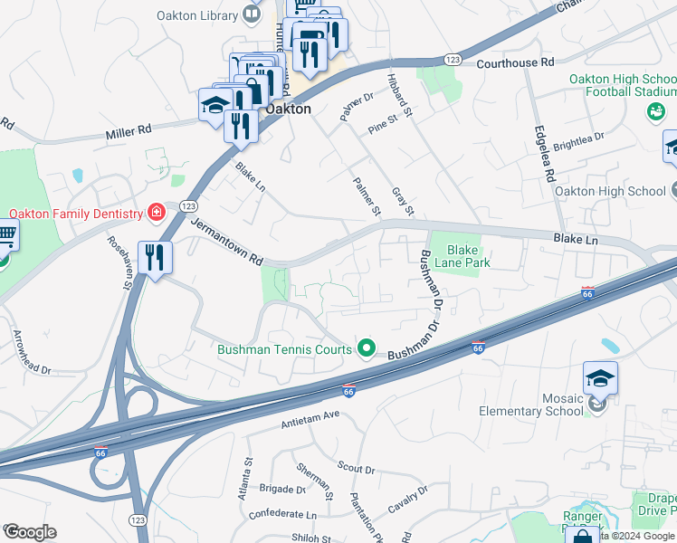 map of restaurants, bars, coffee shops, grocery stores, and more near 10209A Ashbrooke Court in Oakton