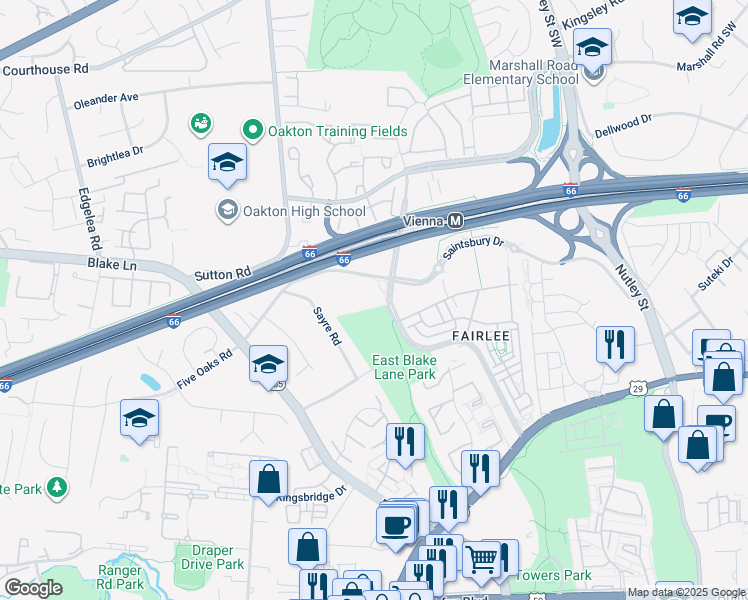 map of restaurants, bars, coffee shops, grocery stores, and more near 2903 Saintsbury Plaza in Fairfax
