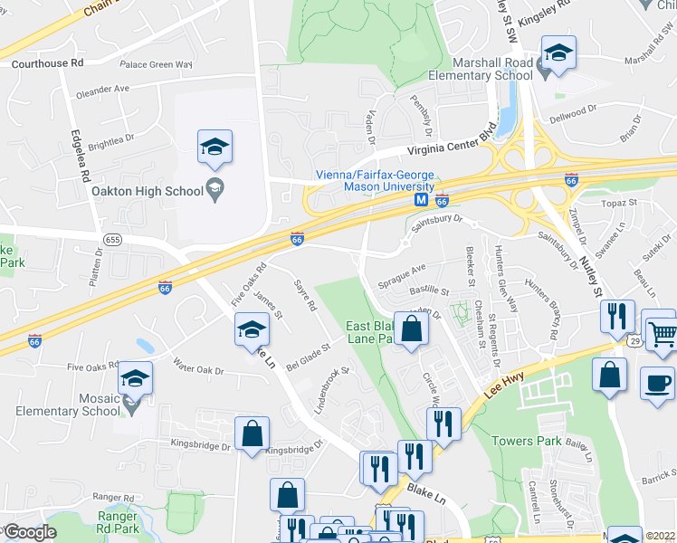 map of restaurants, bars, coffee shops, grocery stores, and more near 2905 Saintsbury Plaza in Fairfax