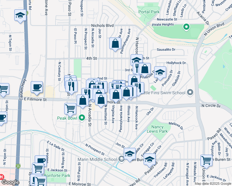 map of restaurants, bars, coffee shops, grocery stores, and more near 3025 Virginia Avenue in Colorado Springs