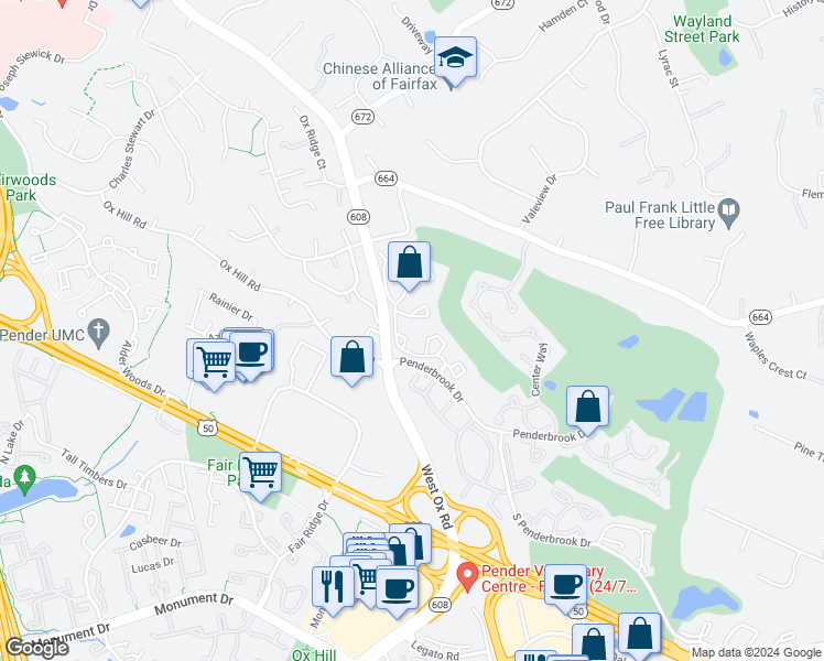 map of restaurants, bars, coffee shops, grocery stores, and more near 12100 Greenwood Court in Fairfax