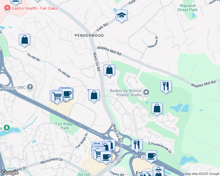 map of restaurants, bars, coffee shops, grocery stores, and more near 12100 Greenwood Court in Fairfax